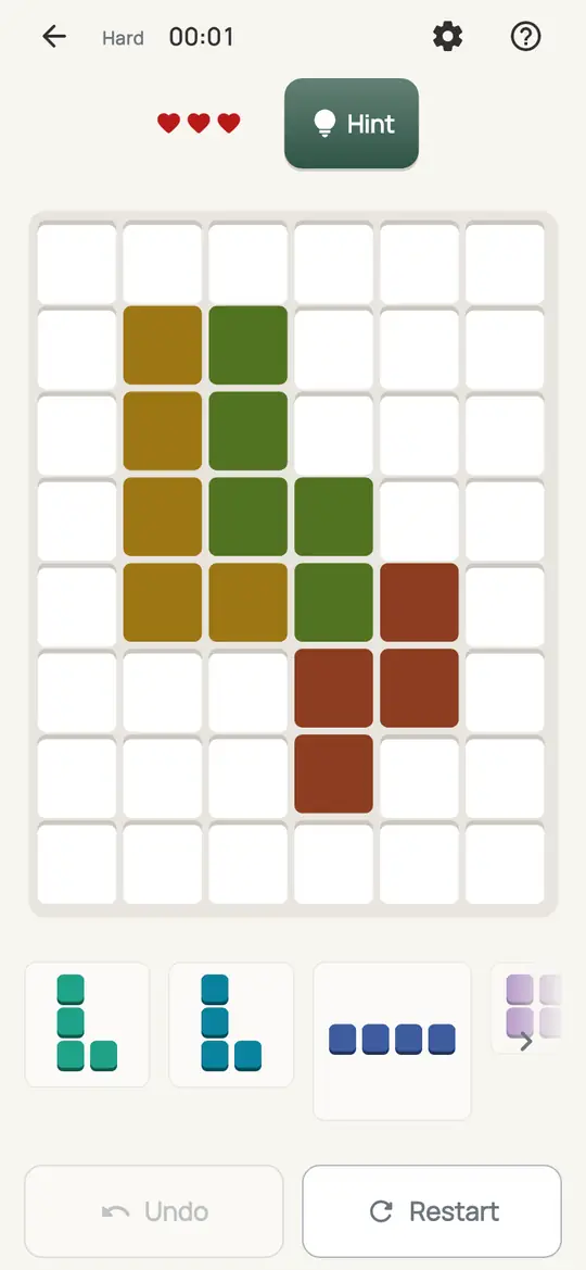 Mosaic: the hint teaching Only Fit on a real board. Find a piece that has only one spot left on the board. That is where it goes.