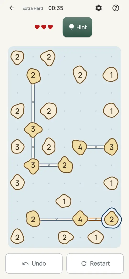 Span: the hint teaching Every Span Full on a real board. An island whose number equals the most bridges its spans could hold between them.