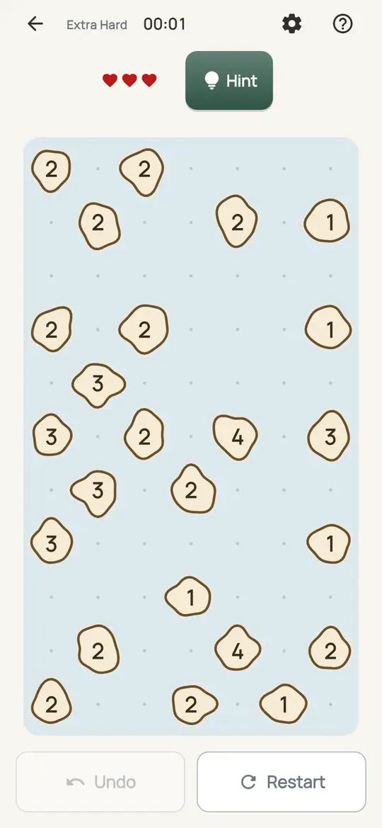Span: the hint teaching One Short on a real board. An island whose spans could give it just one more than its number: every span with room for 2 gets at least one bridge.