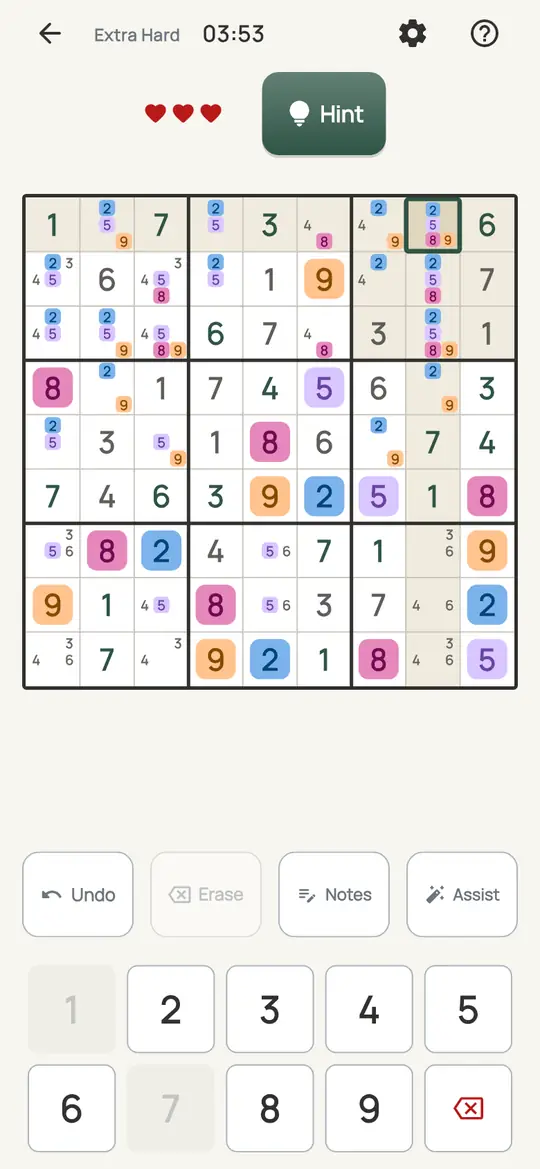 Sudoku: the hint teaching Box/Line Reduction on a real board. Inside one row or column, every note for a digit sits in the same box.