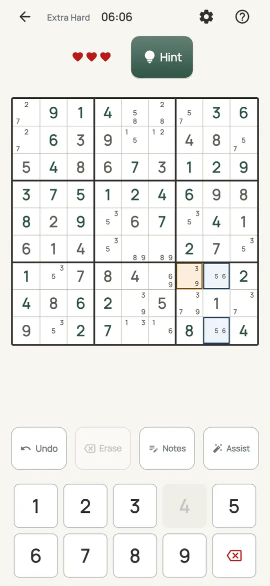 Sudoku: the hint teaching BUG on a real board. Every empty square has exactly two notes except one, which has three.