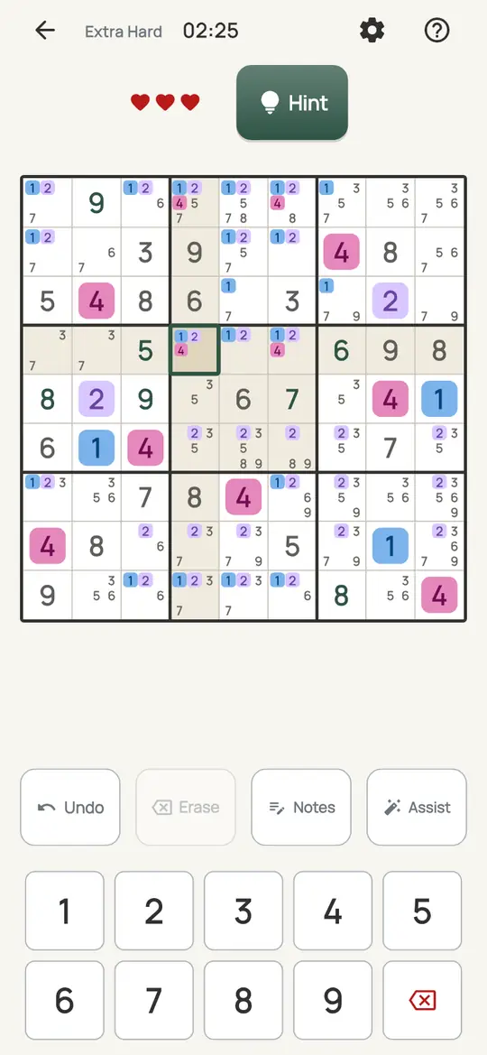 Sudoku: the hint teaching Hidden Pair on a real board. Two digits whose notes turn up in only the same two squares of a row, column or box.