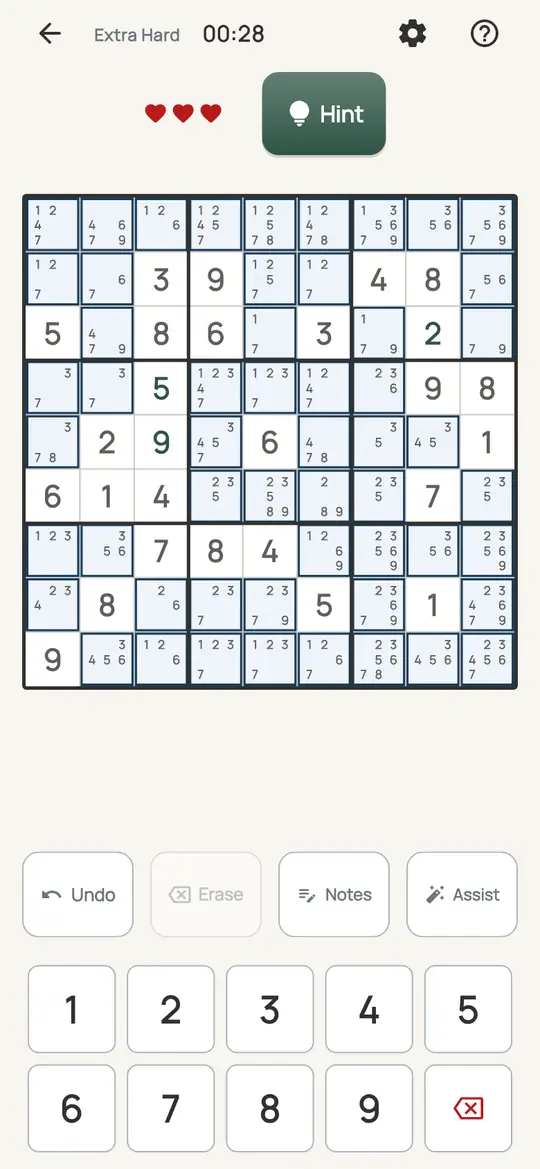Sudoku: the hint teaching Hidden Single on a real board. A digit that has only one possible square left in some row, column or box.