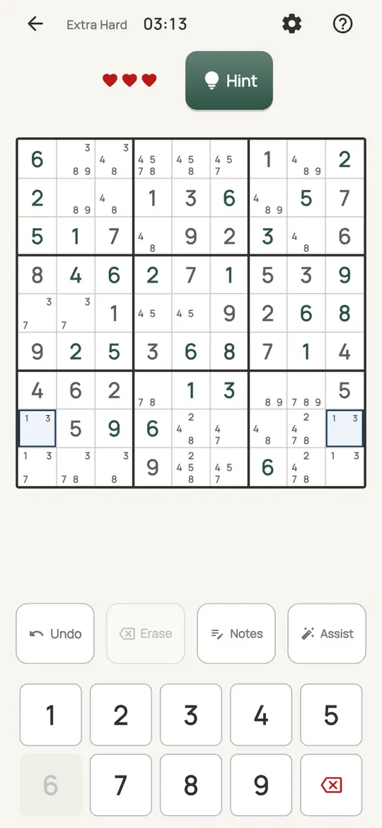 Sudoku: the hint teaching Hidden Triple on a real board. Three digits whose notes turn up in only the same three squares of a row, column or box.