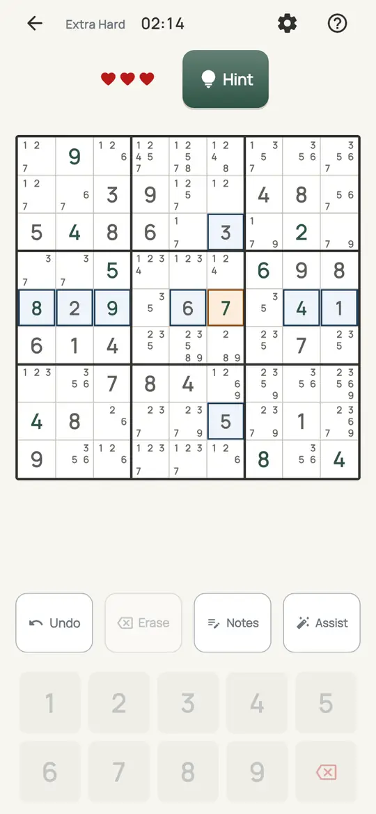 Sudoku: the hint teaching Naked Pair on a real board. Two squares in one row, column or box whose notes are the same two digits.