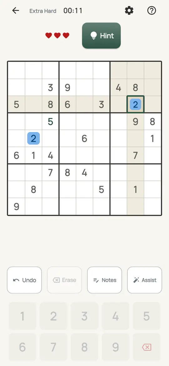 Sudoku: the hint teaching Naked Single on a real board. An empty square where every digit but one is already in its row, column or box.