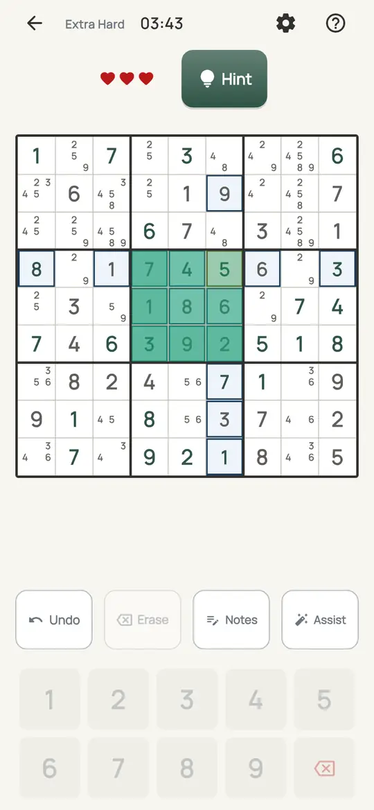 Sudoku: the hint teaching Naked Triple on a real board. Three squares in one row, column or box whose notes, put together, are only three digits.