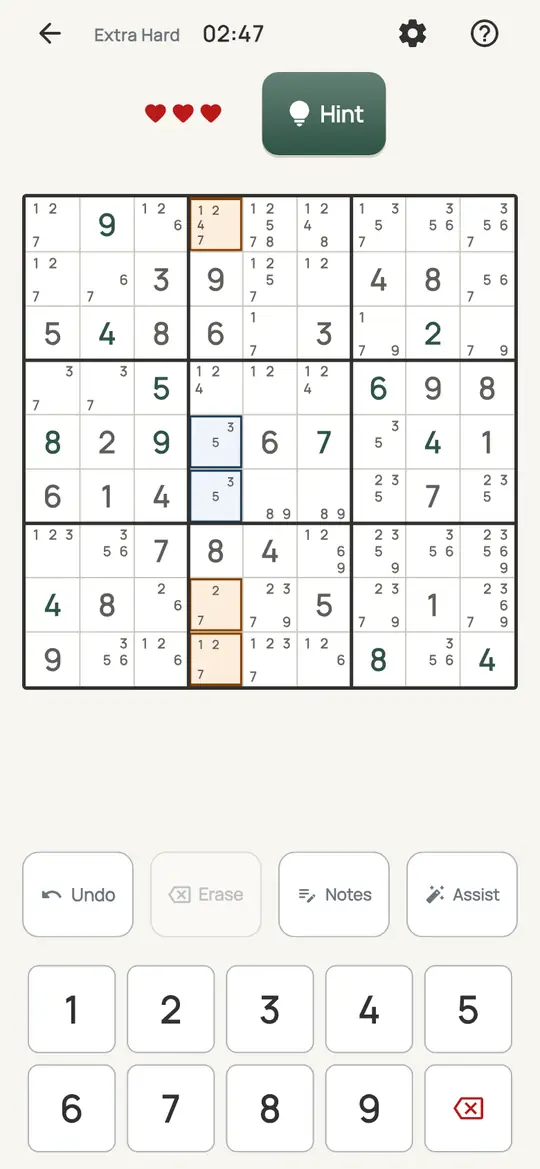 Sudoku: the hint teaching Pointing Pair on a real board. Inside one box, every note for a digit sits in the same row or column.