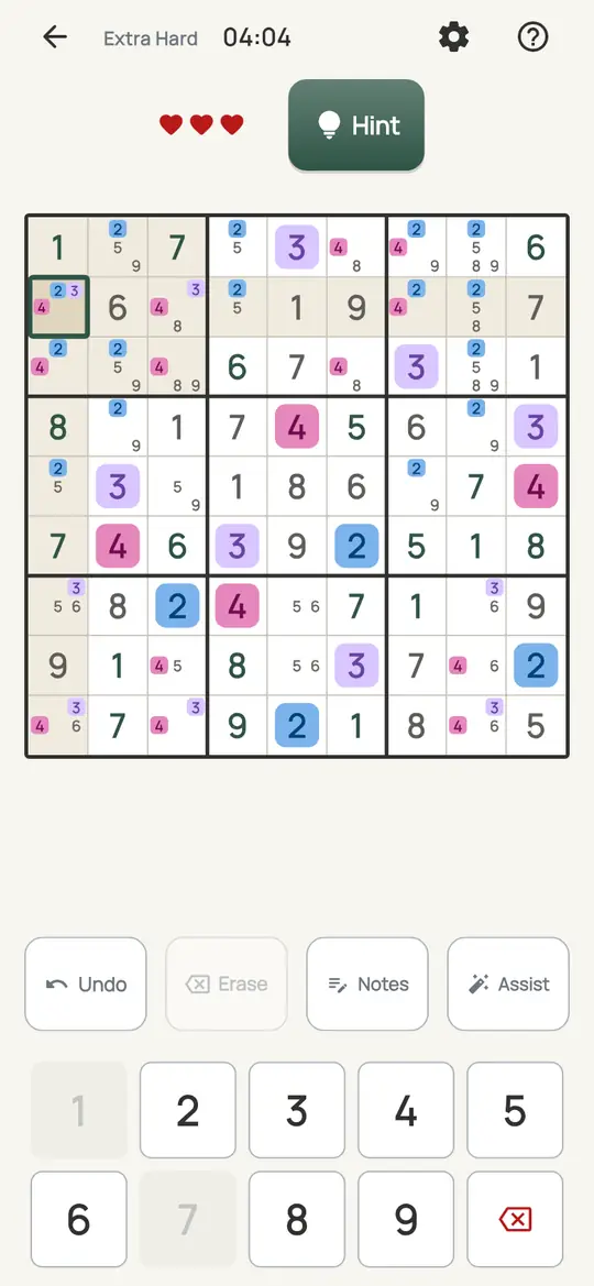 Sudoku: the hint teaching W-Wing on a real board. Two squares with the same two notes that do not see each other, joined by a digit with only two places in some row, column or box.