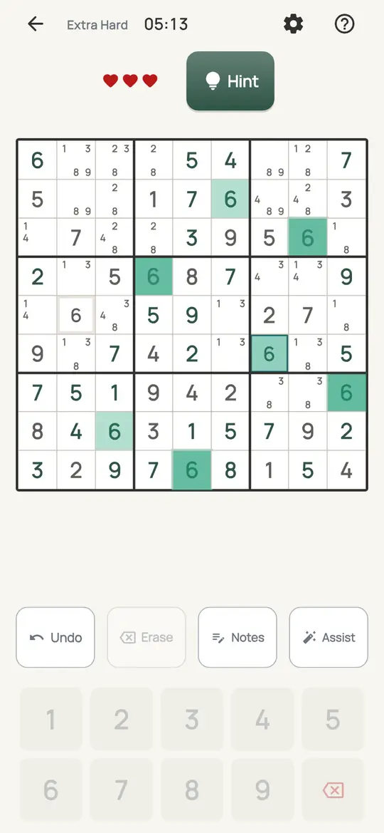 Sudoku: the hint teaching X-Wing on a real board. One digit whose notes, in two rows, sit in only the same two columns.