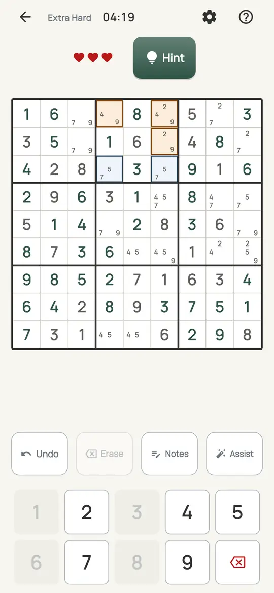 Sudoku: the hint teaching XYZ-Wing on a real board. A square with three notes and two squares it sees that hold two of them each, with one digit in all three.