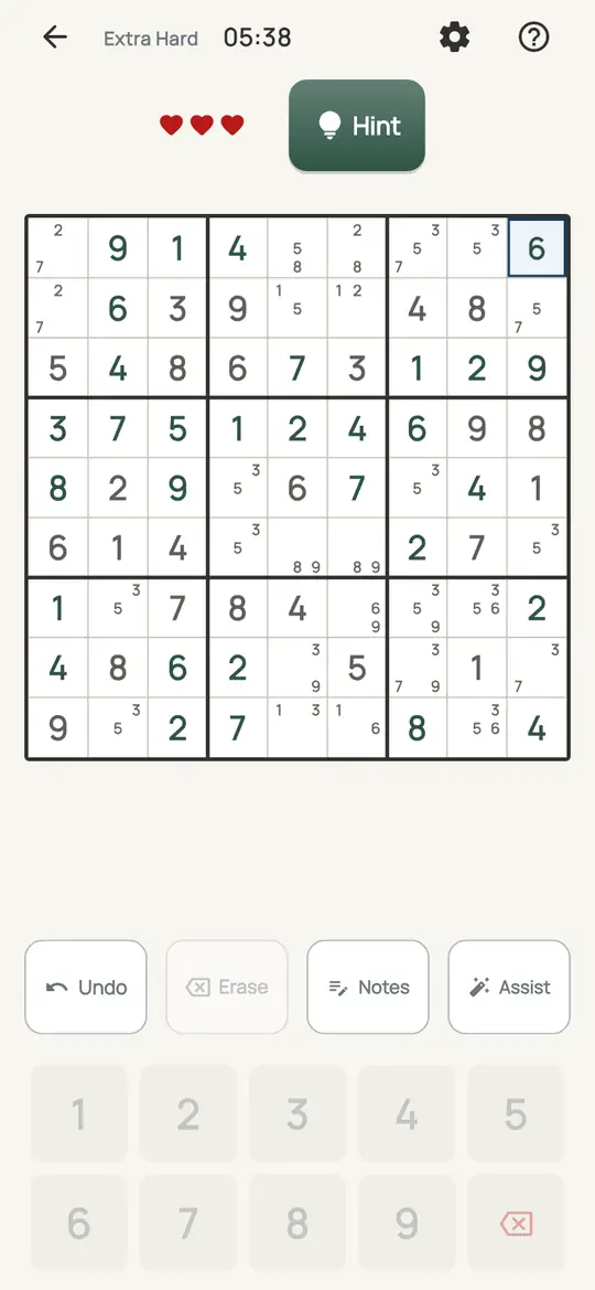 Sudoku: the hint teaching Y-Wing on a real board. A square with two notes, and two squares it sees that share one note each with it and a third digit with each other.