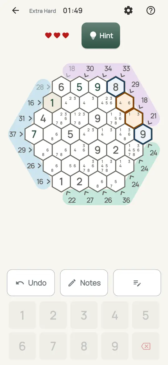 Tally Hive: the hint teaching Naked Pair on a real board. Two cells on one line with the same two notes and nothing else.