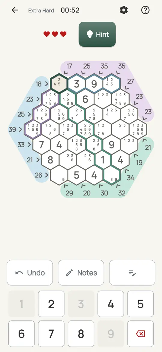 Tally Hive: the hint teaching Naked Single on a real board. A cell where only one digit is not already used on its three lines, or with one note left.