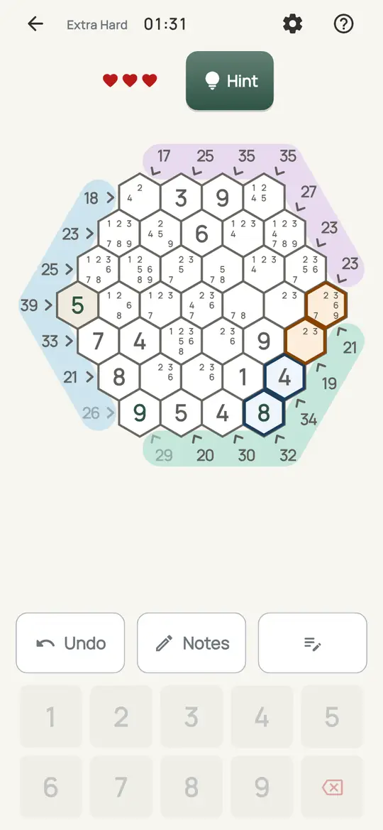 Tally Hive: the hint teaching Partner Check on a real board. In a line with two empty cells, each note needs a partner that is still pencilled in the other cell.