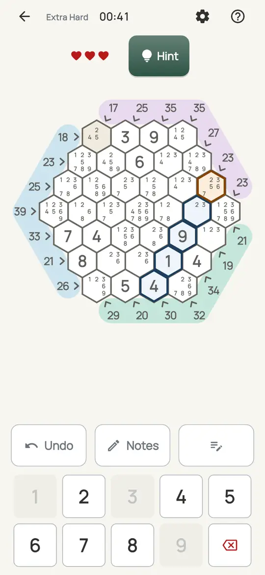 Tally Hive: the hint teaching Run Maximums on a real board. The other empty cells of a line take at most 9 + 8 + …, which sets how small each cell can be.