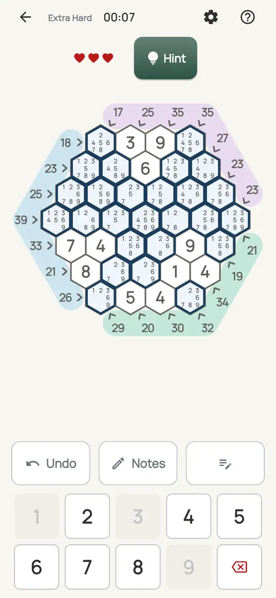 Tally Hive: the hint teaching Run Minimums on a real board. The other empty cells of a line take at least 1 + 2 + …, which caps how big each cell can be.
