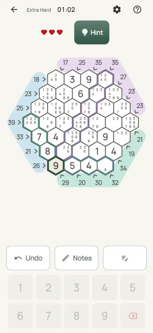 Tally Hive: the hint teaching Run Total on a real board. A line with one empty cell left: its total minus the digits already in it is that cell's digit.