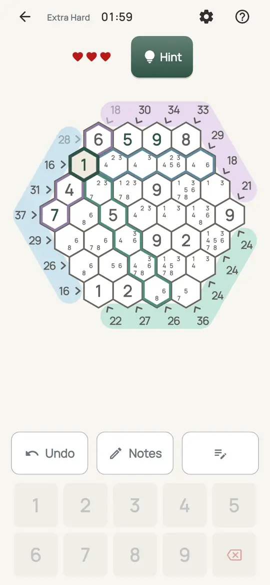 Tally Hive: the hint teaching Sum Combinations on a real board. List every way a line's empty cells could still make its total, and drop any note that fits none of them.