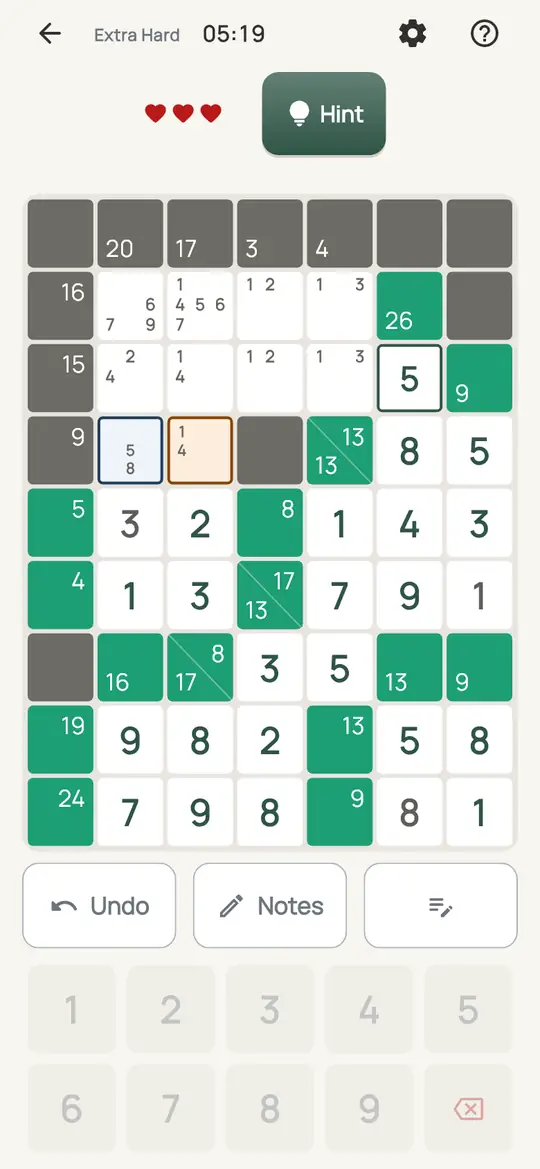 Tally: the hint teaching Naked Pair on a real board. Two squares in one run with the same two notes and nothing else.