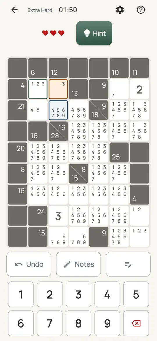 Tally: the hint teaching Partner Check on a real board. In a run with two empty squares, each note needs a partner that is still pencilled in the other square.