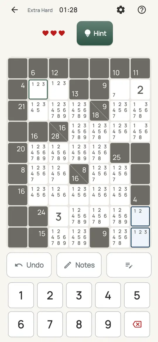 Tally: the hint teaching Run Maximums on a real board. The other empty squares of a run take at most 9 + 8 + …, which sets how small each square can be.