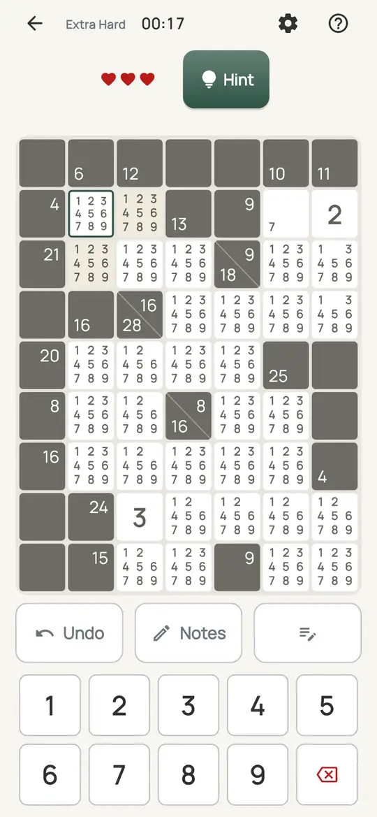 Tally: the hint teaching Run Minimums on a real board. The other empty squares of a run take at least 1 + 2 + …, which caps how big each square can be.