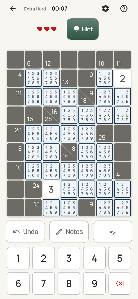 Tally: the hint teaching Run Total on a real board. A run with one empty square left: its total minus the digits already in it is that square's digit.