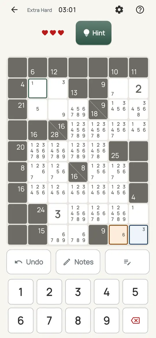 Tally: the hint teaching Sum Combinations on a real board. List every way a run's empty squares could still make its total, and drop any note that fits none of them.