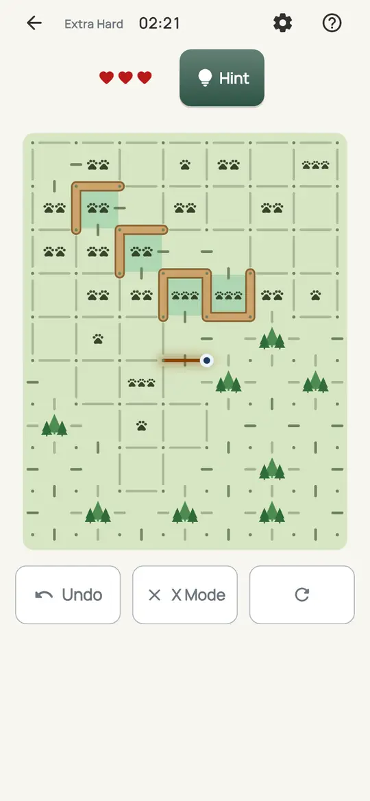 Trailhead: the hint teaching Corner Clearing on a real board. Find a clearing in a corner of the field showing three prints or one. Its two outside sides are settled together.