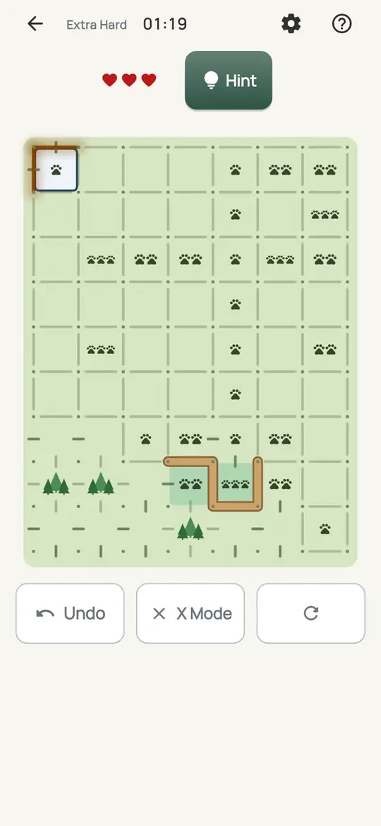 Trailhead: the hint teaching Corner to Corner on a real board. Find two three-print clearings touching only at a corner. Each uses both of its sides at its far corner.