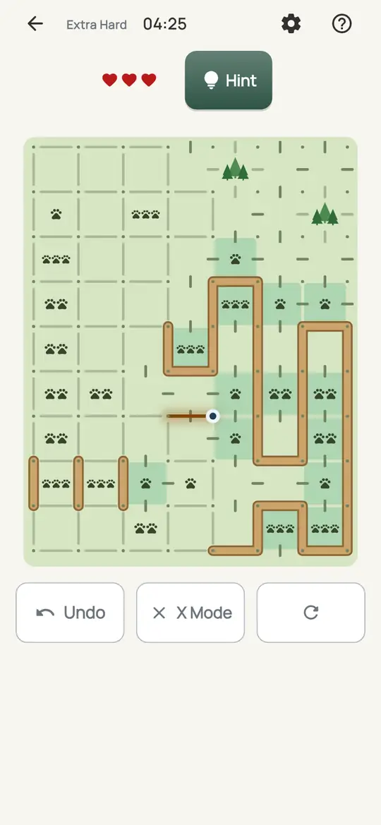 Trailhead: the hint teaching Inside or Outside on a real board. Work out which clearings end up inside the loop and which outside. A stretch between two clearings on different sides is trail.