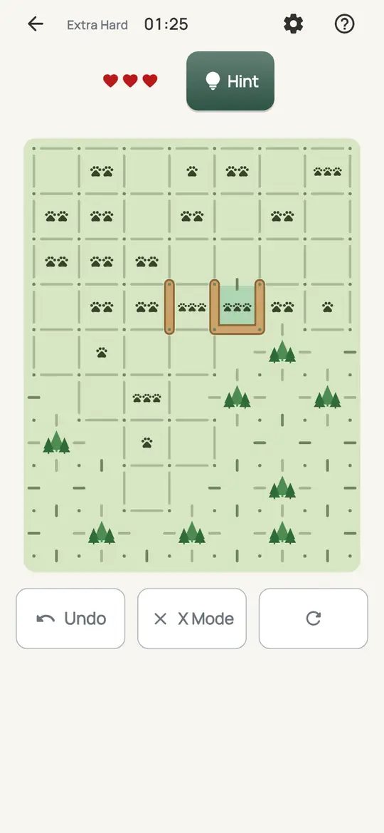 Trailhead: the hint teaching Trail Passes Through on a real board. Find a marker the trail already goes into and out of. Every other stretch touching it is crossed off.